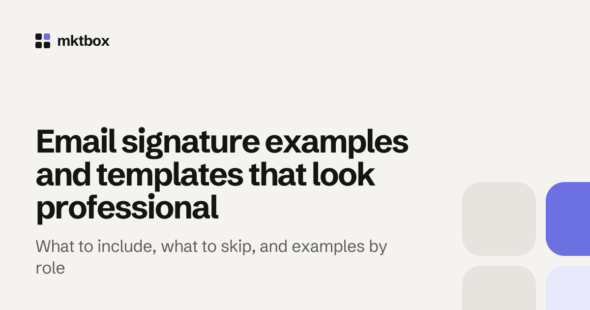 Cover image with the title "Email signature examples and templates that look professional" and the mktbox logo